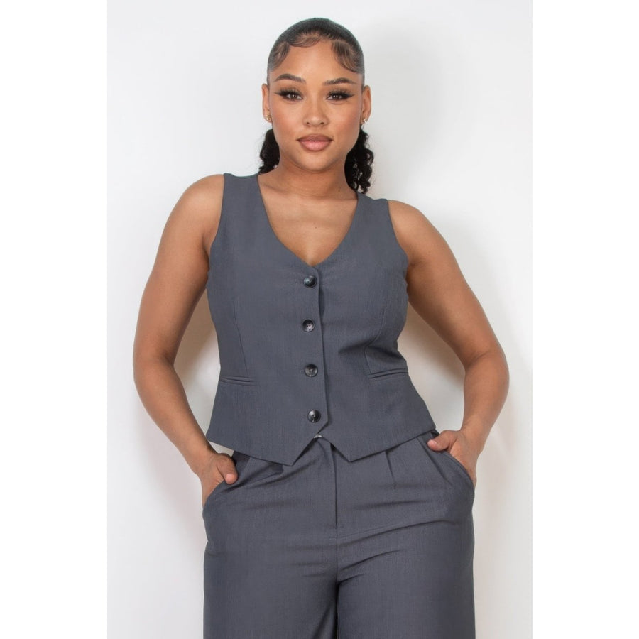 Buttoned Solid V-neck Vest Top Image 1