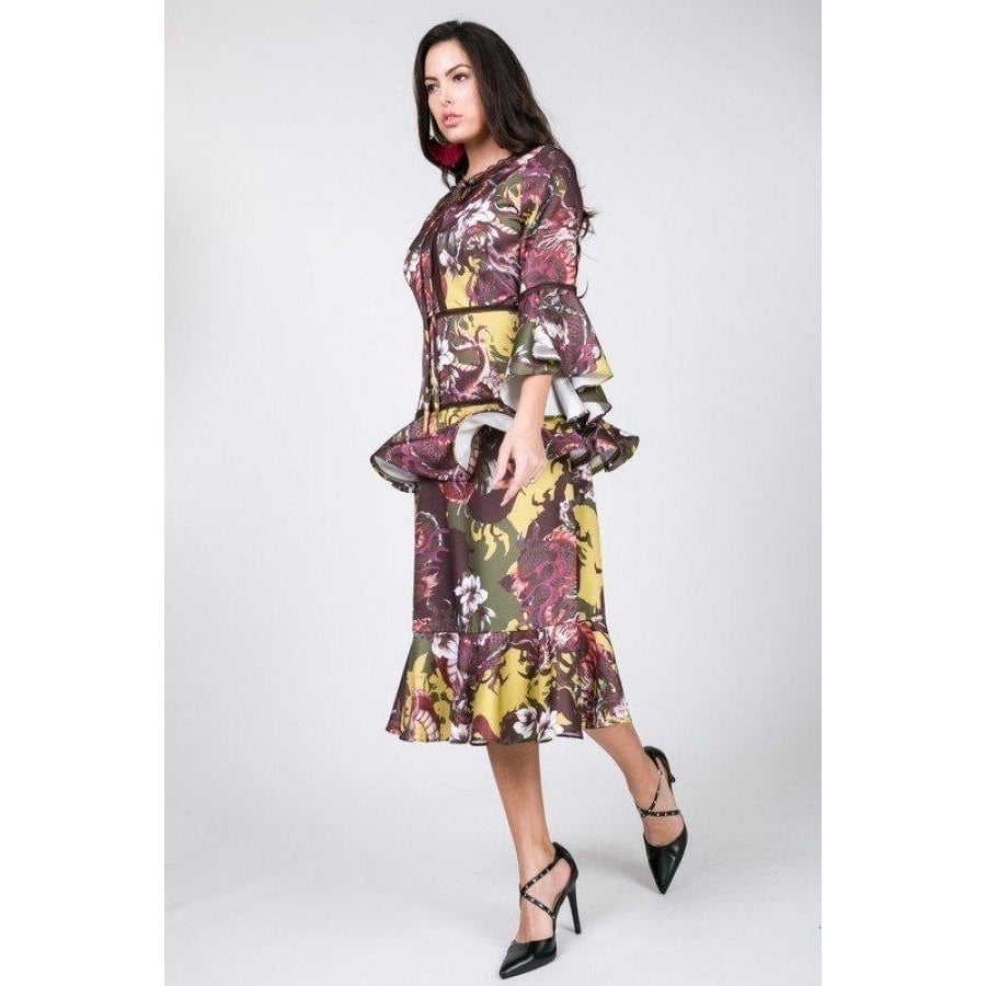 Cascade Ruffle Sleeve Frill Tiered Bottom Print Midi Dress Image 1