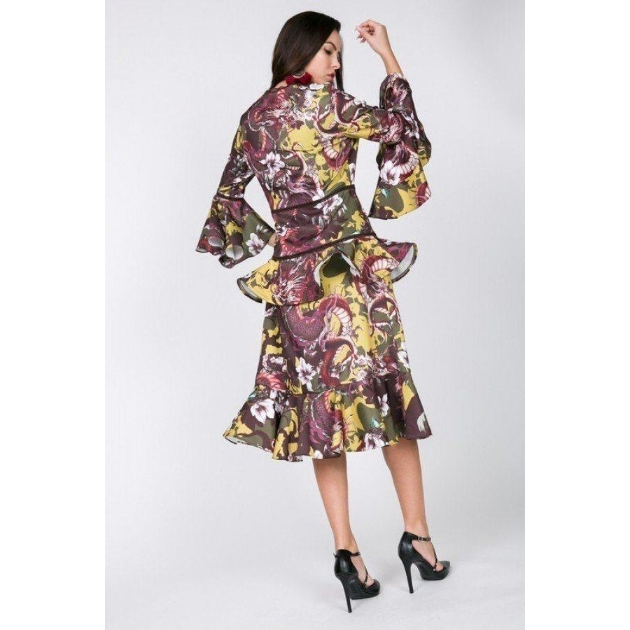 Cascade Ruffle Sleeve Frill Tiered Bottom Print Midi Dress Image 3