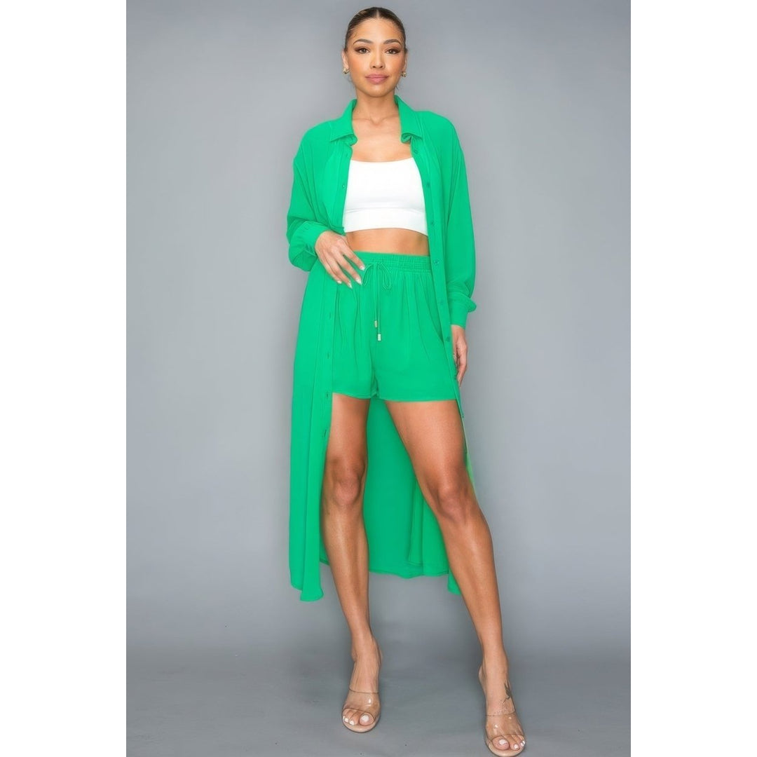 Chiffon Button Down Long Sleeve Side Slit Long Top With Short Set Image 1