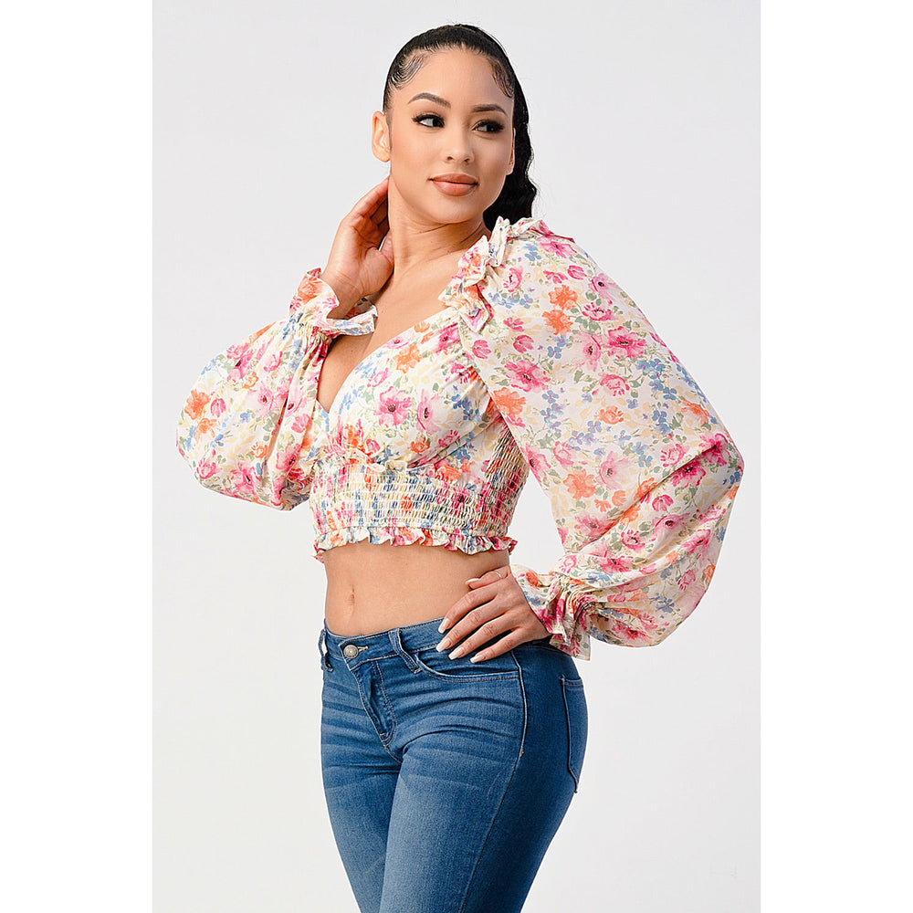 Chic Floral Sweetheart Smocked Body Blouse Top Image 2