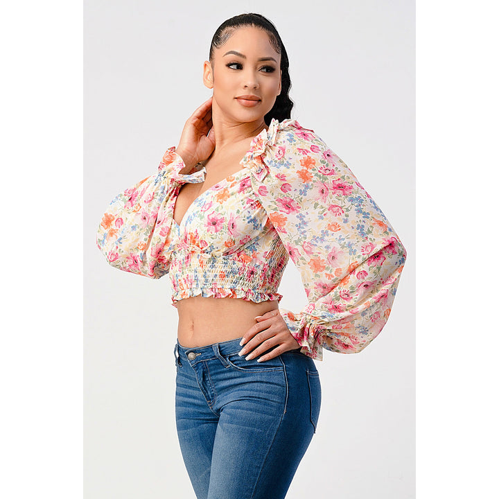 Chic Floral Sweetheart Smocked Body Blouse Top Image 2