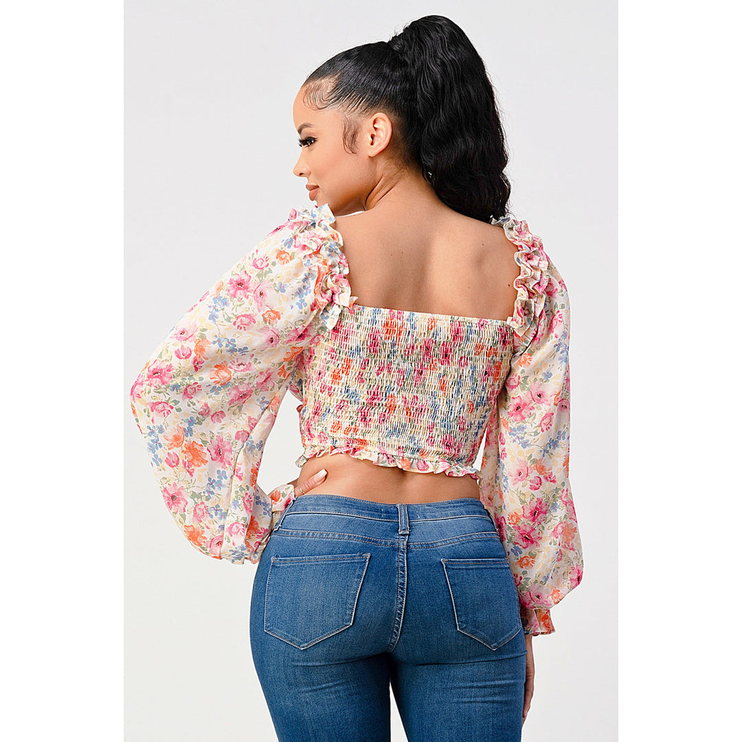 Chic Floral Sweetheart Smocked Body Blouse Top Image 3