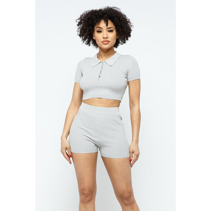 Collar Crop Top + Shorts Set Image 1