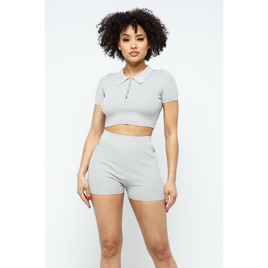 Collar Crop Top + Shorts Set Image 1