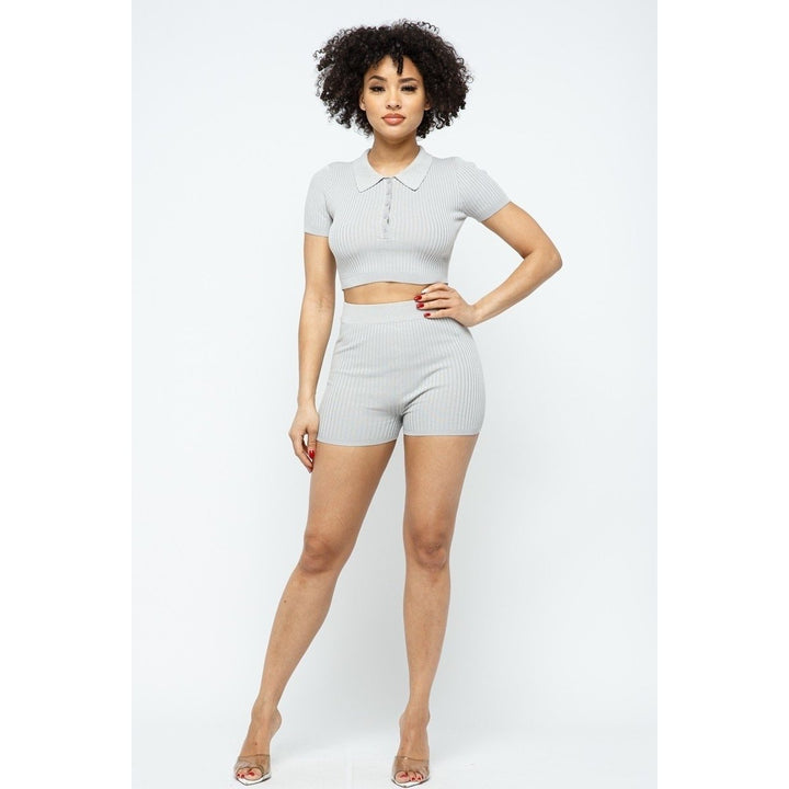 Collar Crop Top + Shorts Set Image 2