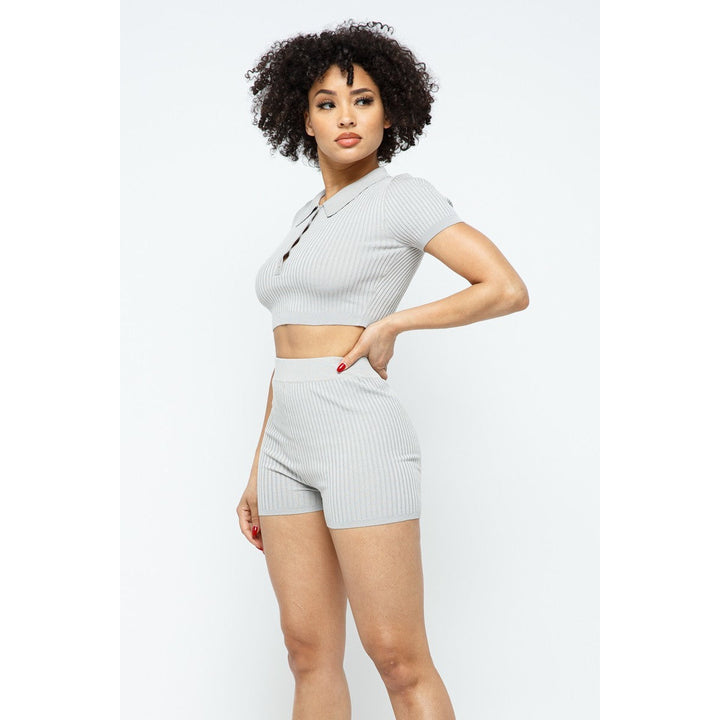 Collar Crop Top + Shorts Set Image 3