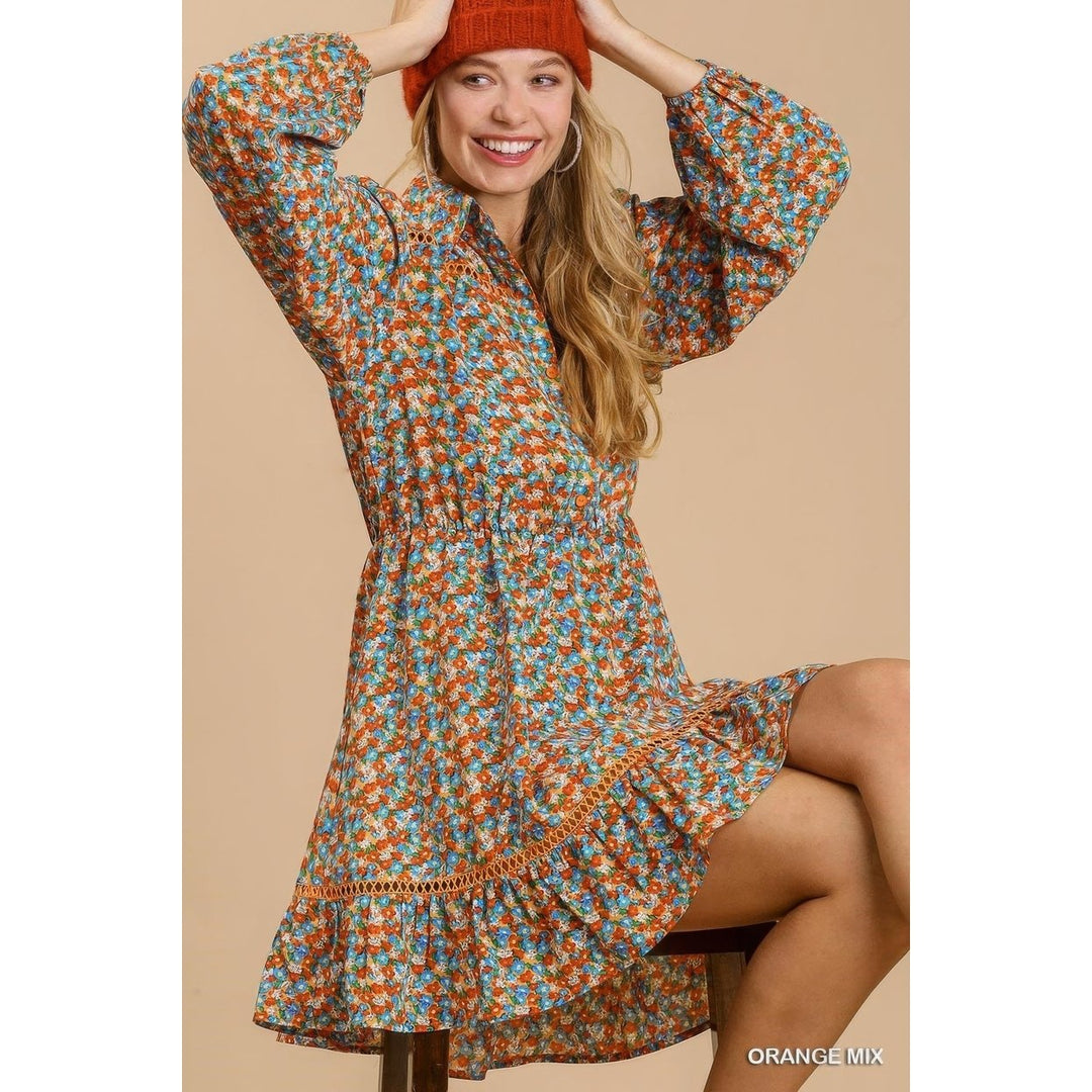 Collared neckline button down floral print dress with crochet trimmed details Image 1