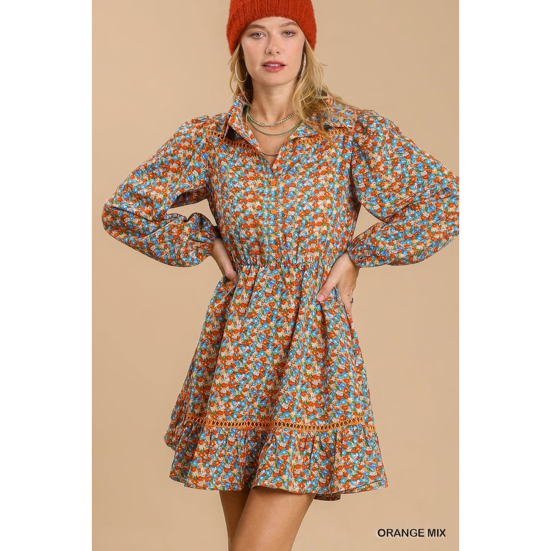 Collared neckline button down floral print dress with crochet trimmed details Image 2