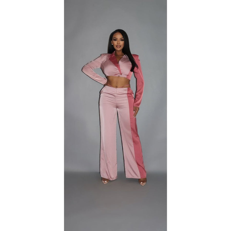 Colorblock Crop Blazer With Matching Low Rise Wide Leg Pant Set With Pockets Image 1