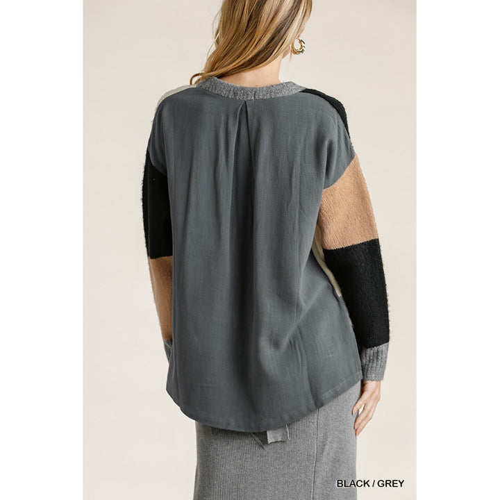 Colorblock Contrasted Cotton Fabric On Back Top With Side Slits And High Low Hem Image 3