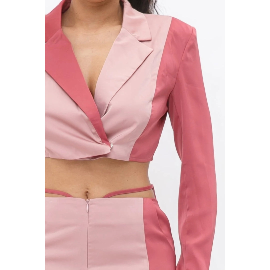 Colorblock Crop Blazer With Matching Low Rise Wide Leg Pant Set With Pockets Image 3