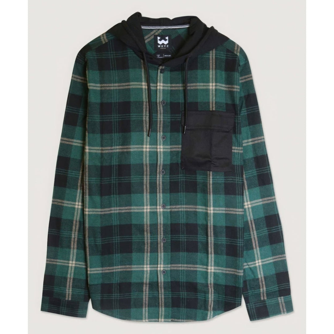 Contrast Pocket Plaid Hooded Shirt Image 1