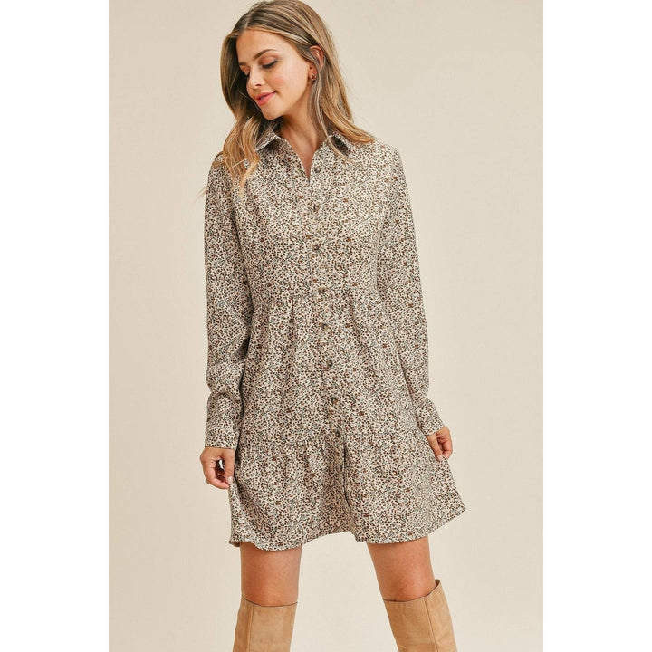 Corduroy Printed Button Down Front Collar Long Sleeve Dress Image 1