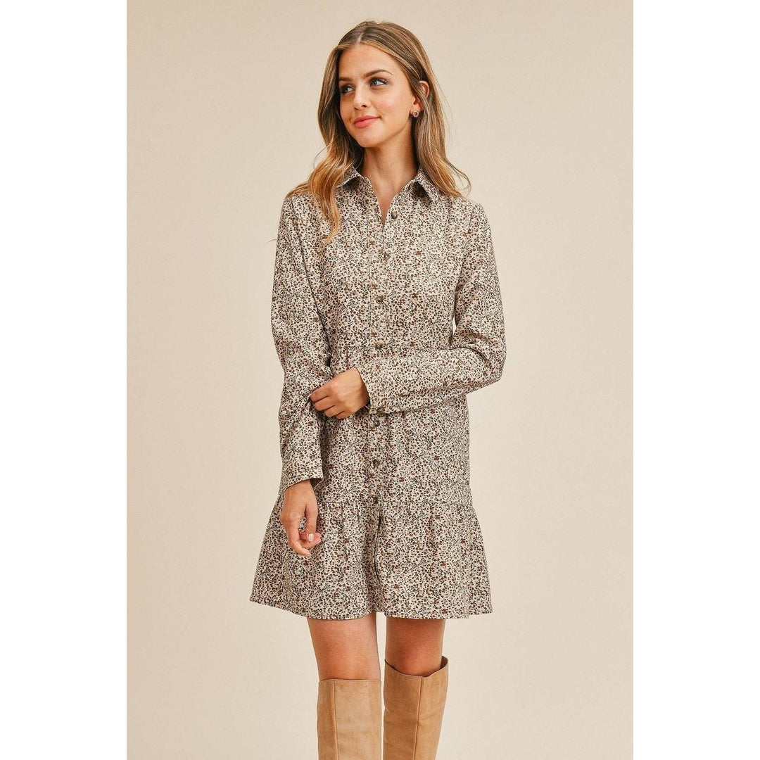 Corduroy Printed Button Down Front Collar Long Sleeve Dress Image 3