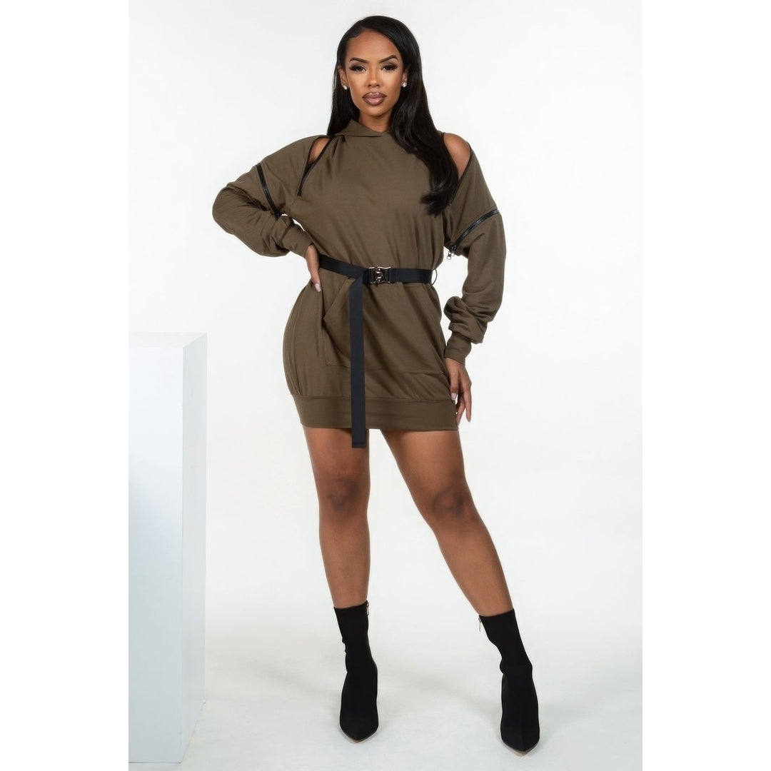 Double Zipper Long Sleeve Hooded Mini Dress Image 1