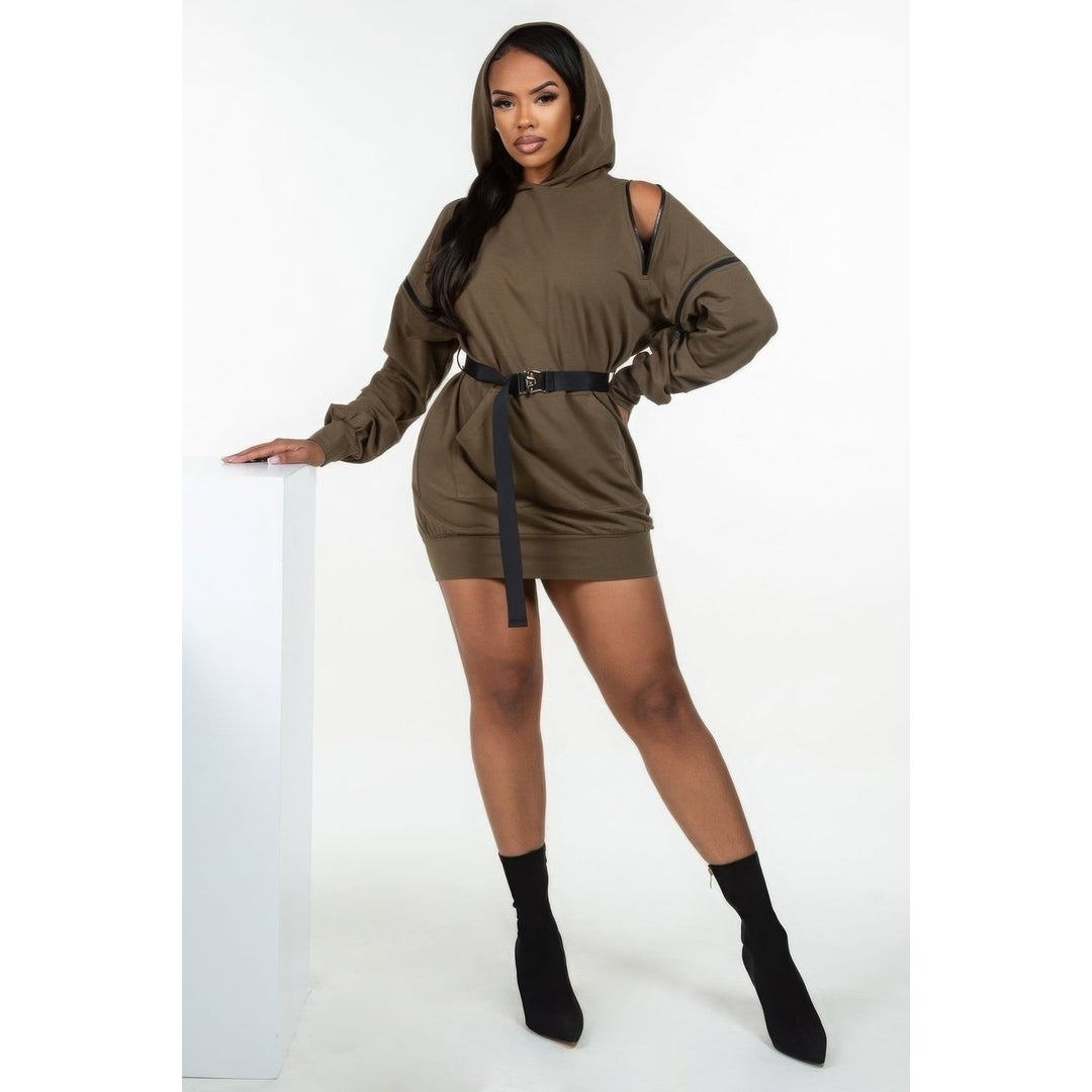 Double Zipper Long Sleeve Hooded Mini Dress Image 2