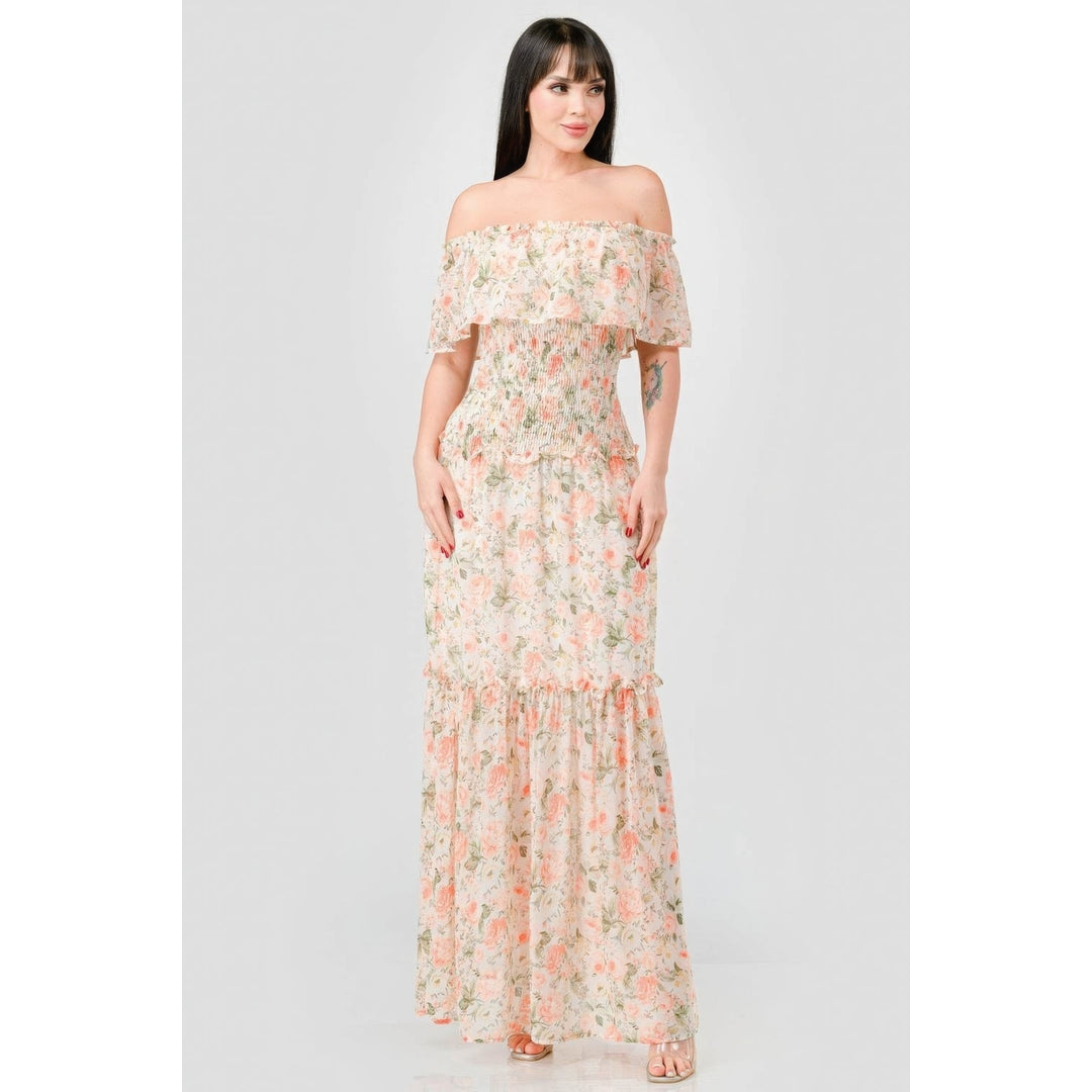 Floral Chiffon Off Shoulder Smocked Back Ruffled Tiered Maxi Dress Image 1