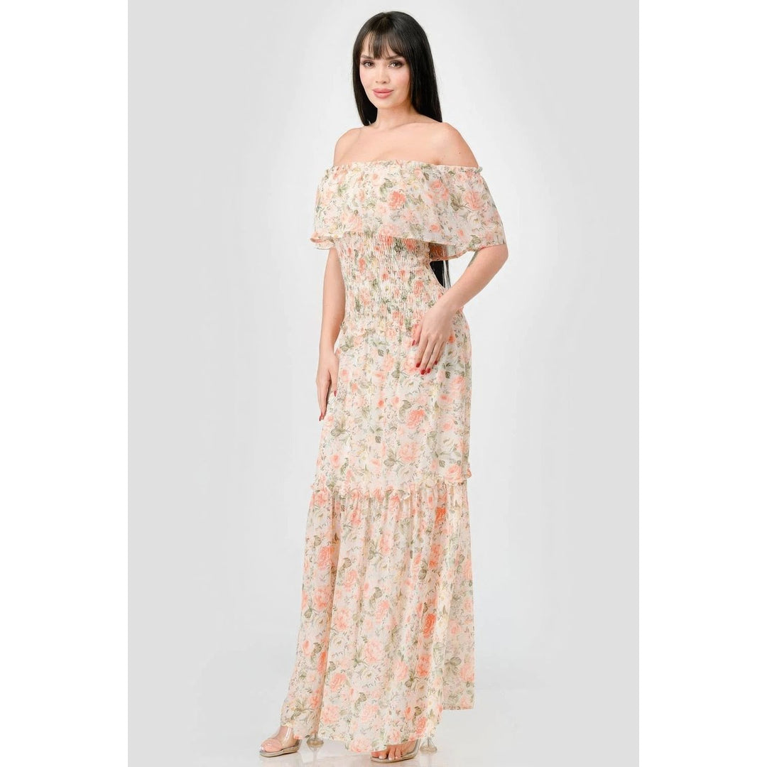 Floral Chiffon Off Shoulder Smocked Back Ruffled Tiered Maxi Dress Image 2