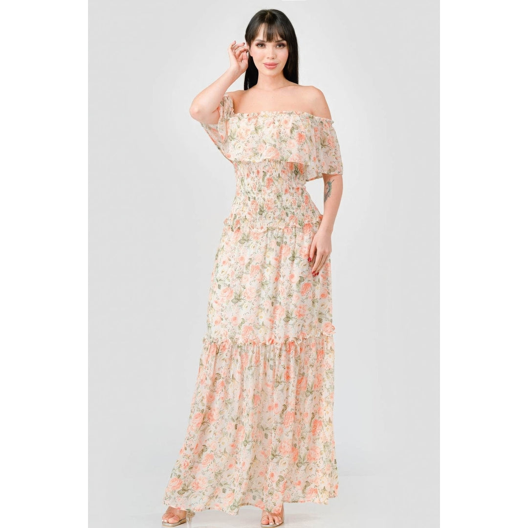 Floral Chiffon Off Shoulder Smocked Back Ruffled Tiered Maxi Dress Image 3