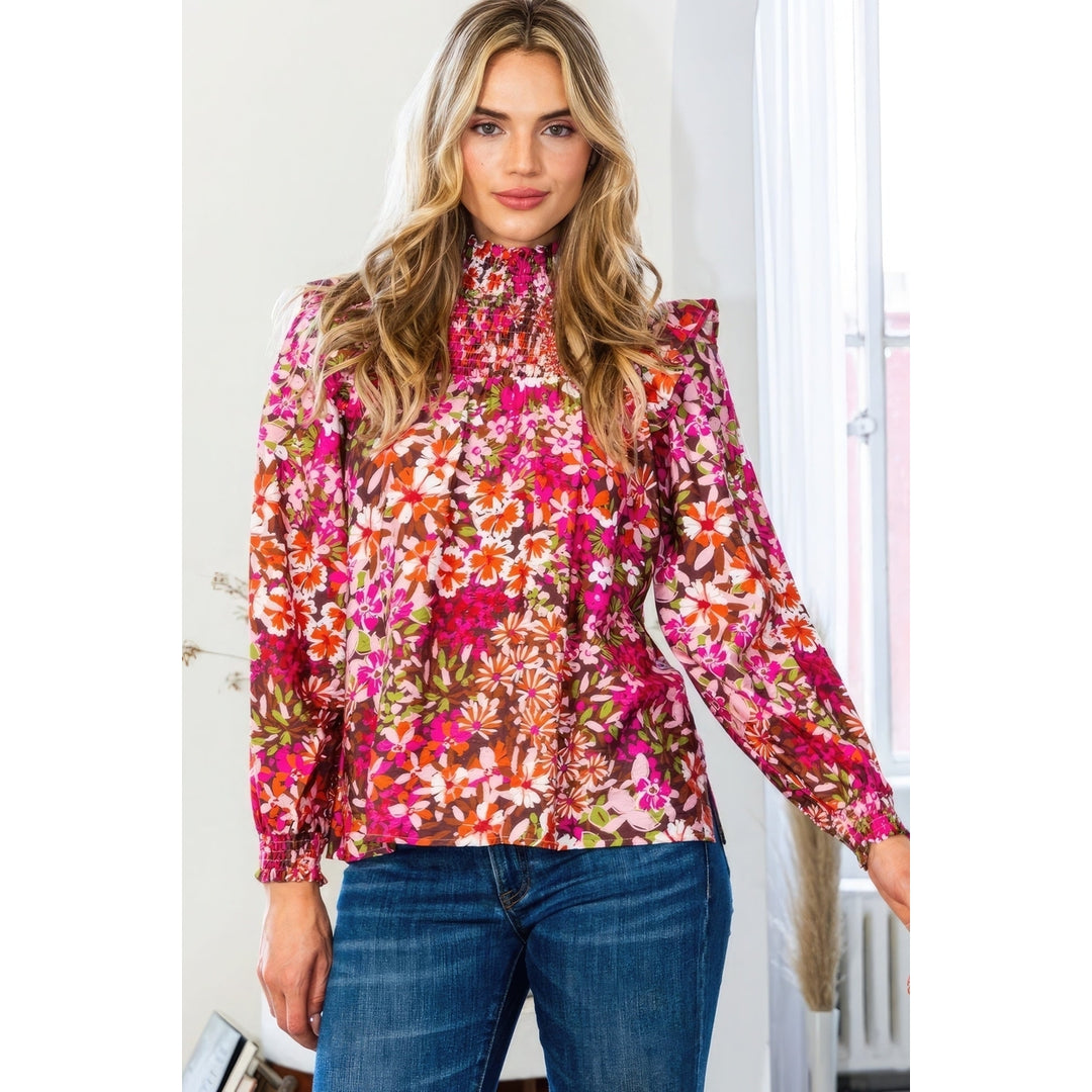 Floral Mock Neck Smocked Yoke Blouse Image 1