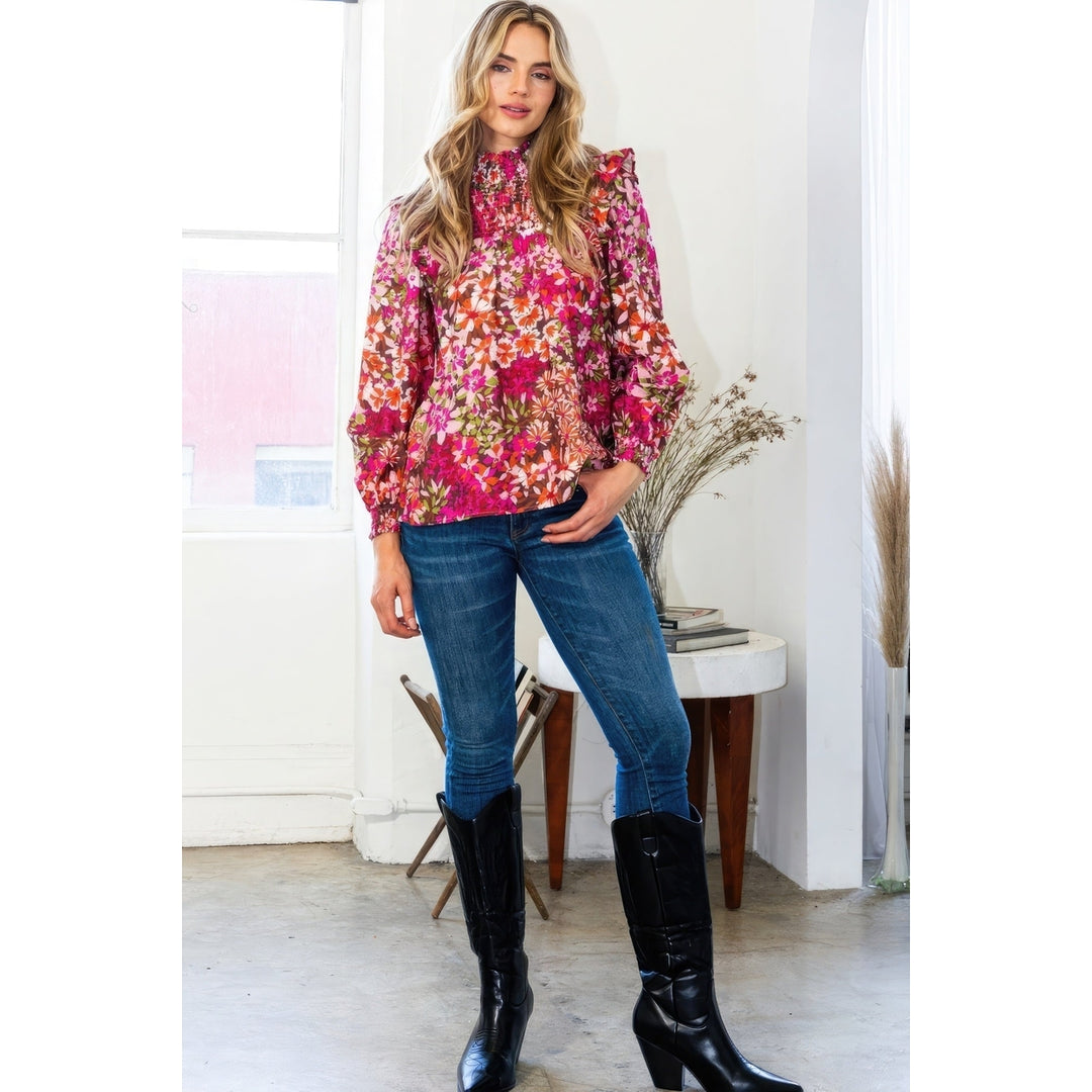 Floral Mock Neck Smocked Yoke Blouse Image 2