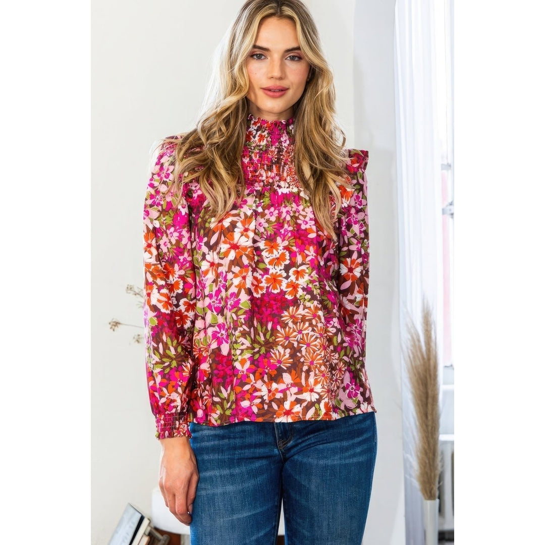 Floral Mock Neck Smocked Yoke Blouse Image 3