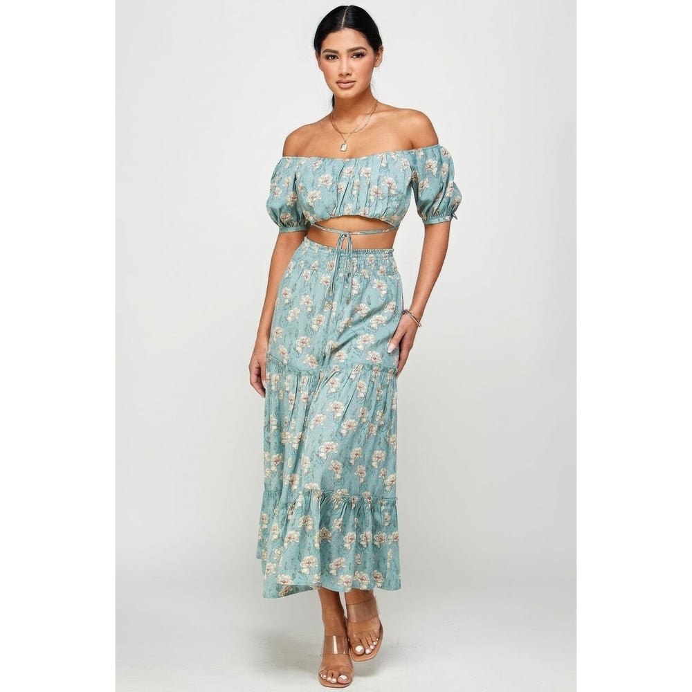 Floral Off Shoulder Sleeve Back Tie Top Skirt Set Image 2