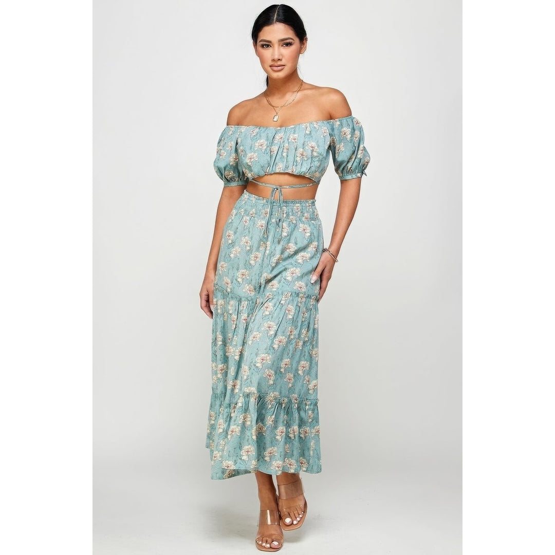 Floral Off Shoulder Sleeve Back Tie Top Skirt Set Image 2