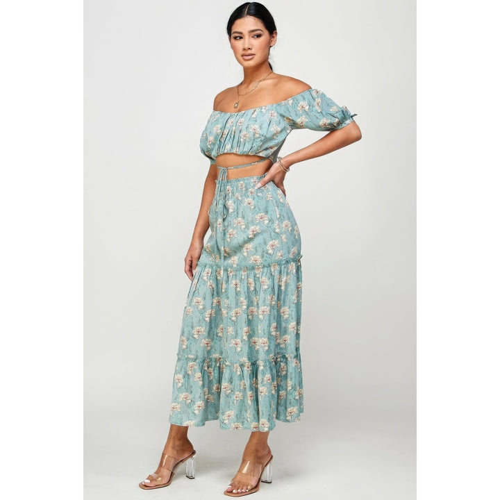 Floral Off Shoulder Sleeve Back Tie Top Skirt Set Image 3