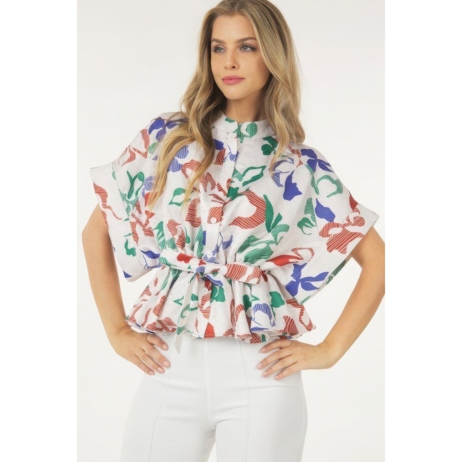 Floral Print Short Sleeve Top With Waist Tie Image 1