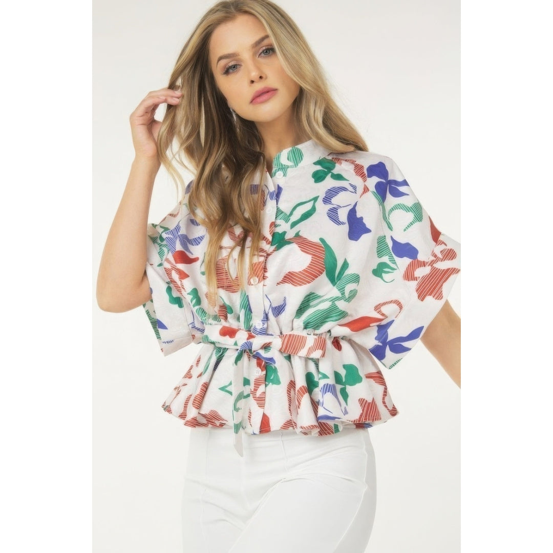 Floral Print Short Sleeve Top With Waist Tie Image 2