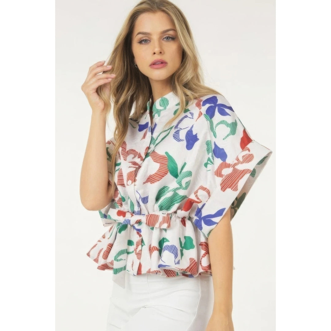 Floral Print Short Sleeve Top With Waist Tie Image 3