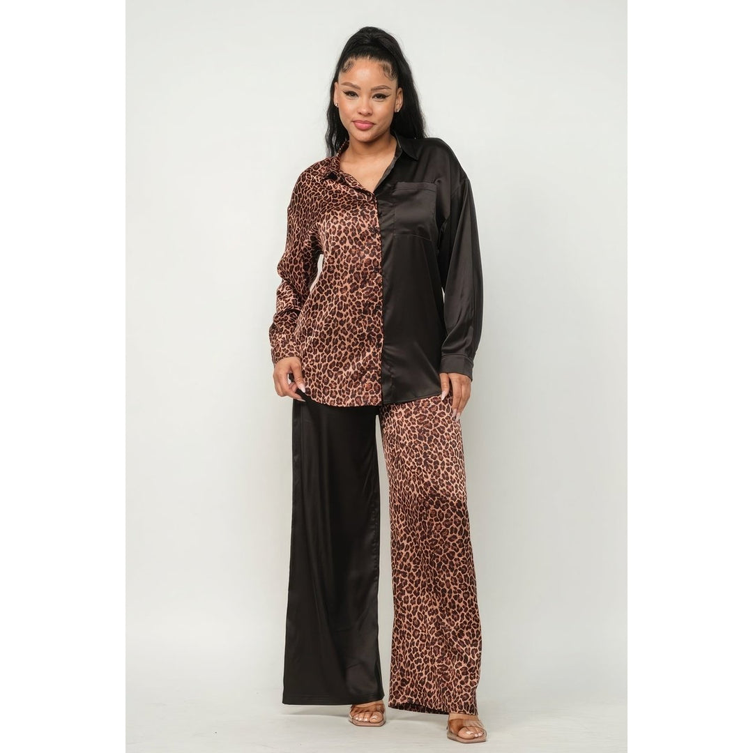 Half Animal Print And Half Solid Top And Pants Set Image 1