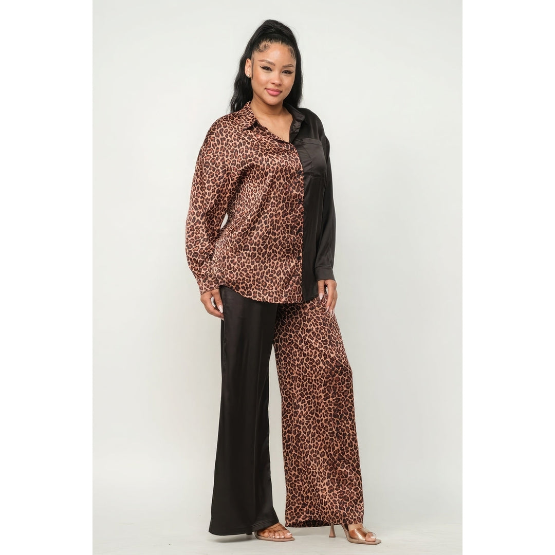 Half Animal Print And Half Solid Top And Pants Set Image 3