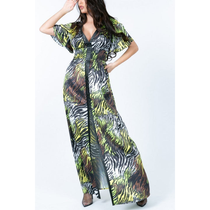 Deep V Neck Slit Zebra Print Long Dress Image 3