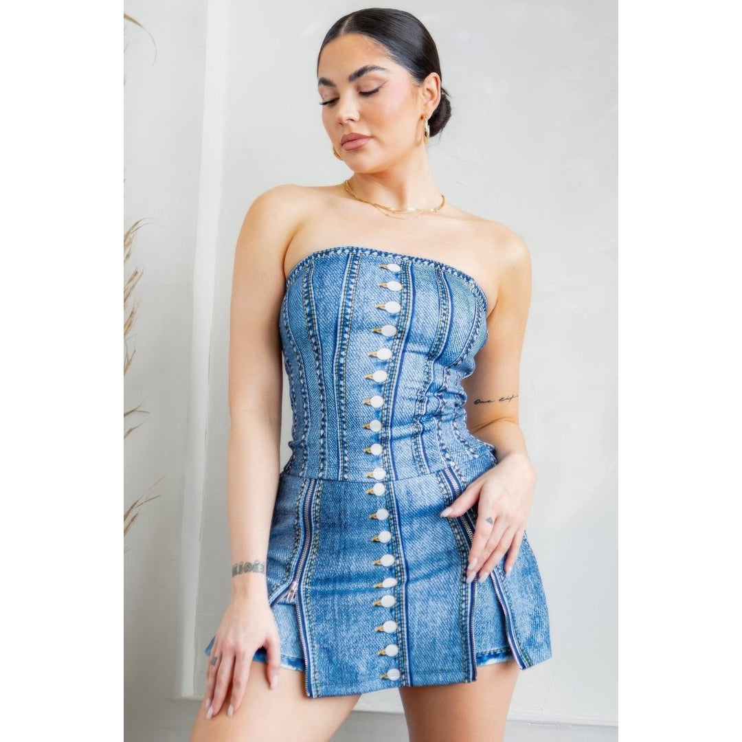 Denim Effect Corset Top and Bottom Set Image 1