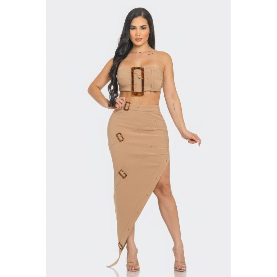 Front Eyelet Buckle Belt Top And Skirt Set Image 1