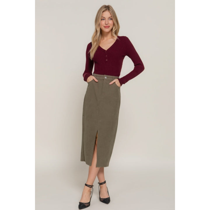 Front Open Slit Corduroy Midi Skirt Image 2