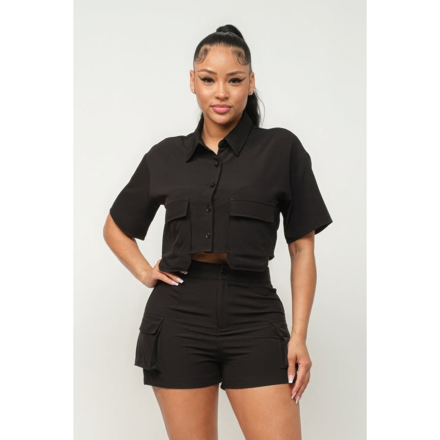 Front Button Down Side Pockets Top And Shorts Set Image 1