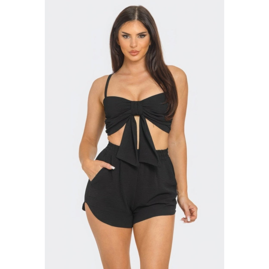 Front Oversized Bow Twisted Tie Top And Shorts Set Image 1