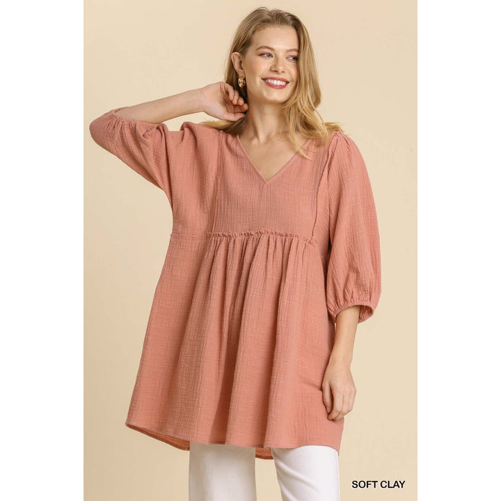 Gauze Slub V-neck Frayed Edge Detail Tunic Dress Image 1