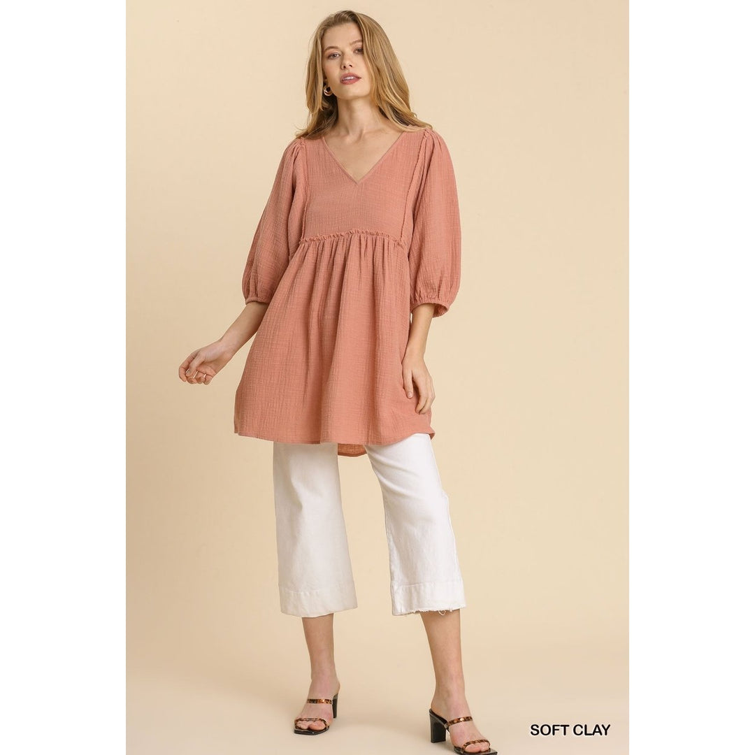 Gauze Slub V-neck Frayed Edge Detail Tunic Dress Image 2