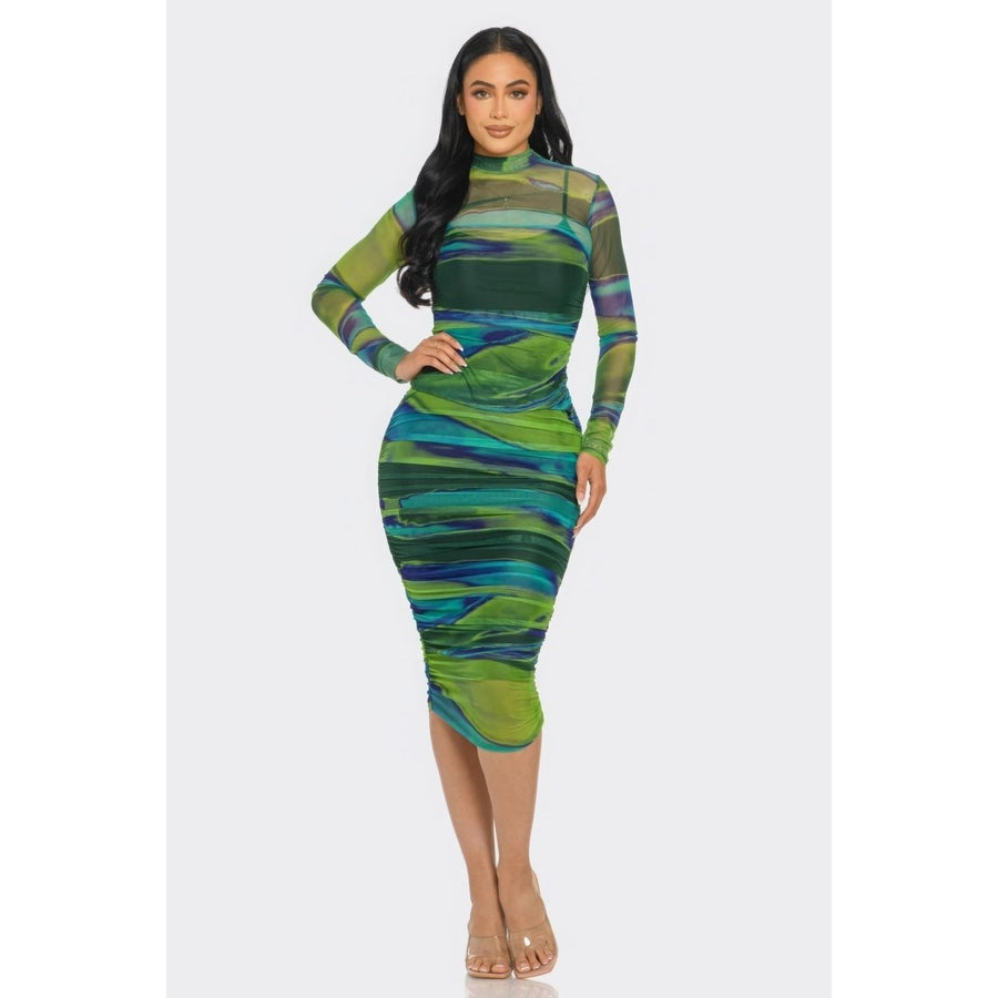 Glitch Print Mesh Ruched Midi Dress Image 1