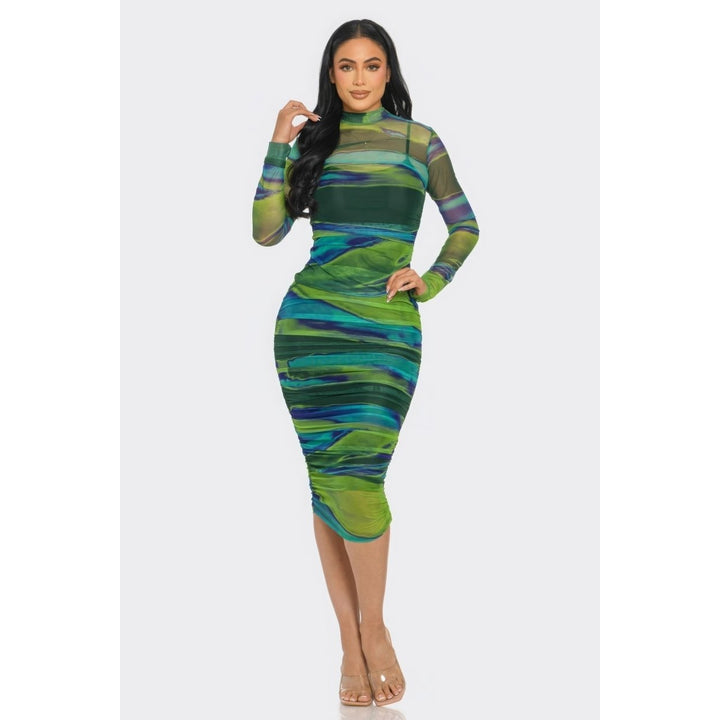 Glitch Print Mesh Ruched Midi Dress Image 2