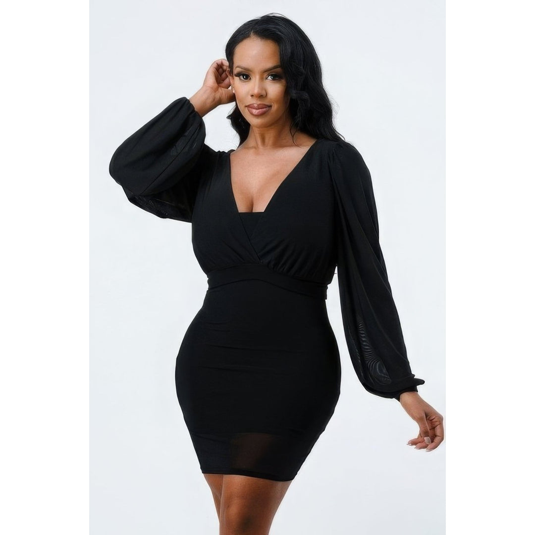 Lux Mesh Layered Lining V Neck Bubble Slv Bodycon Dress Image 1