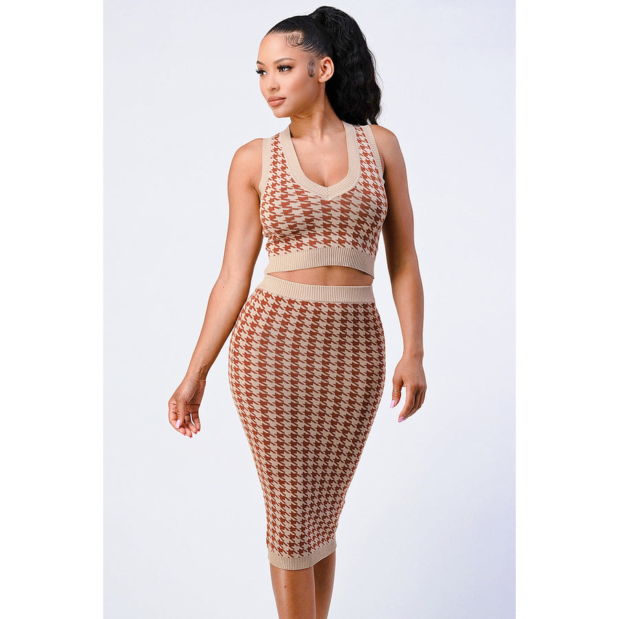 Luxe Gingham Rib Knit Top And Skirt Sets Image 1