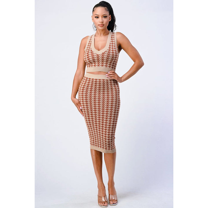 Luxe Gingham Rib Knit Top And Skirt Sets Image 2