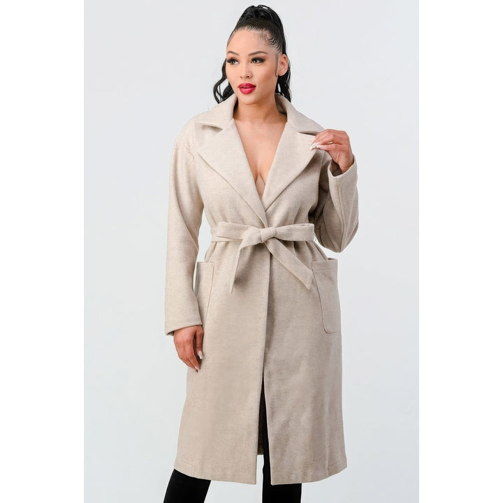 Luxe Wool Waist Tie Side Pockets Midi Length Coat Image 1