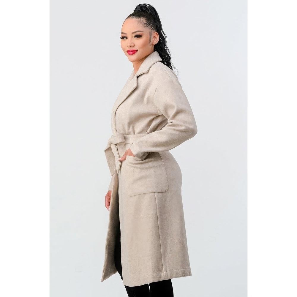 Luxe Wool Waist Tie Side Pockets Midi Length Coat Image 2